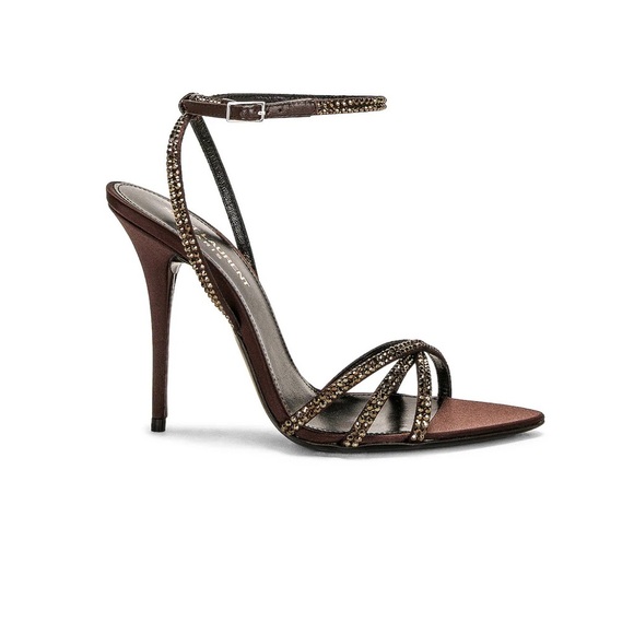 Saint Laurent Brown Stiletto Sandals with Crystal Embellishments - Picture 2 of 4